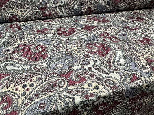 Stretch spandex fine ribbed jersey fabric, per metre - paisley print - powder blue & aubergine