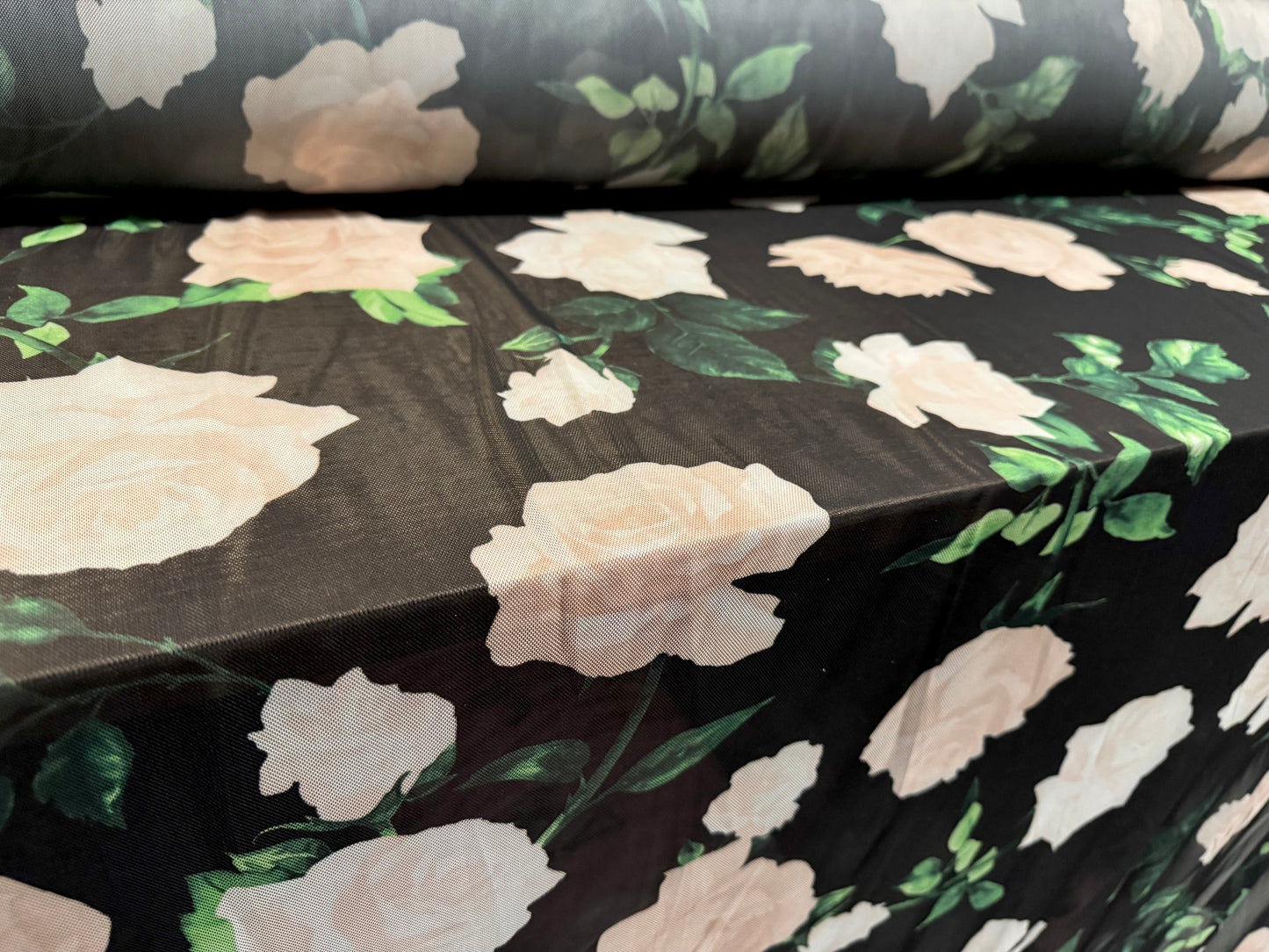 Power mesh net stretch spandex fabric, per metre - Large rose flower print - black & blush