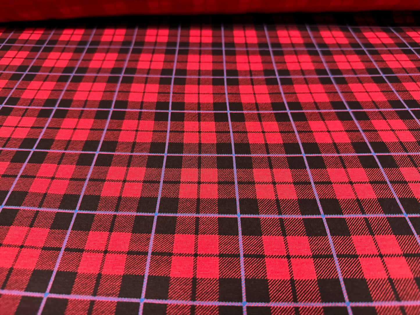 Viscose spandex stretch single jersey fabric, per metre - tartan check print - red black & blue