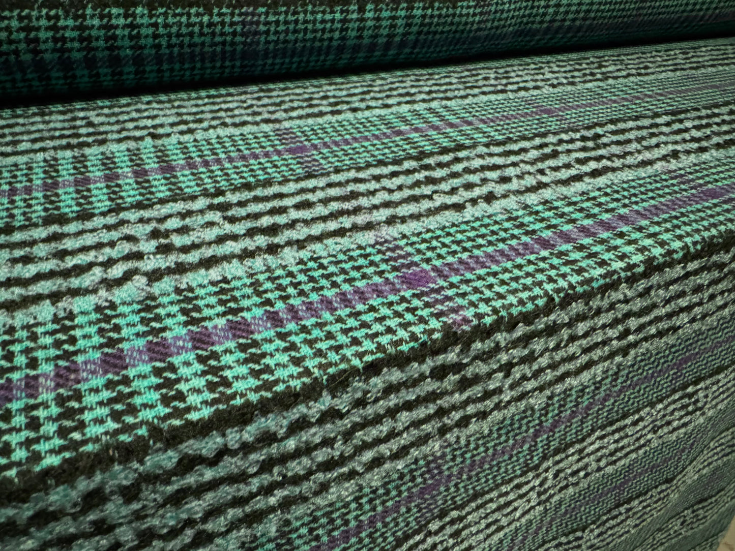 Heavyweight wool bouclé fabric, per metre - plaid - mint green & purple