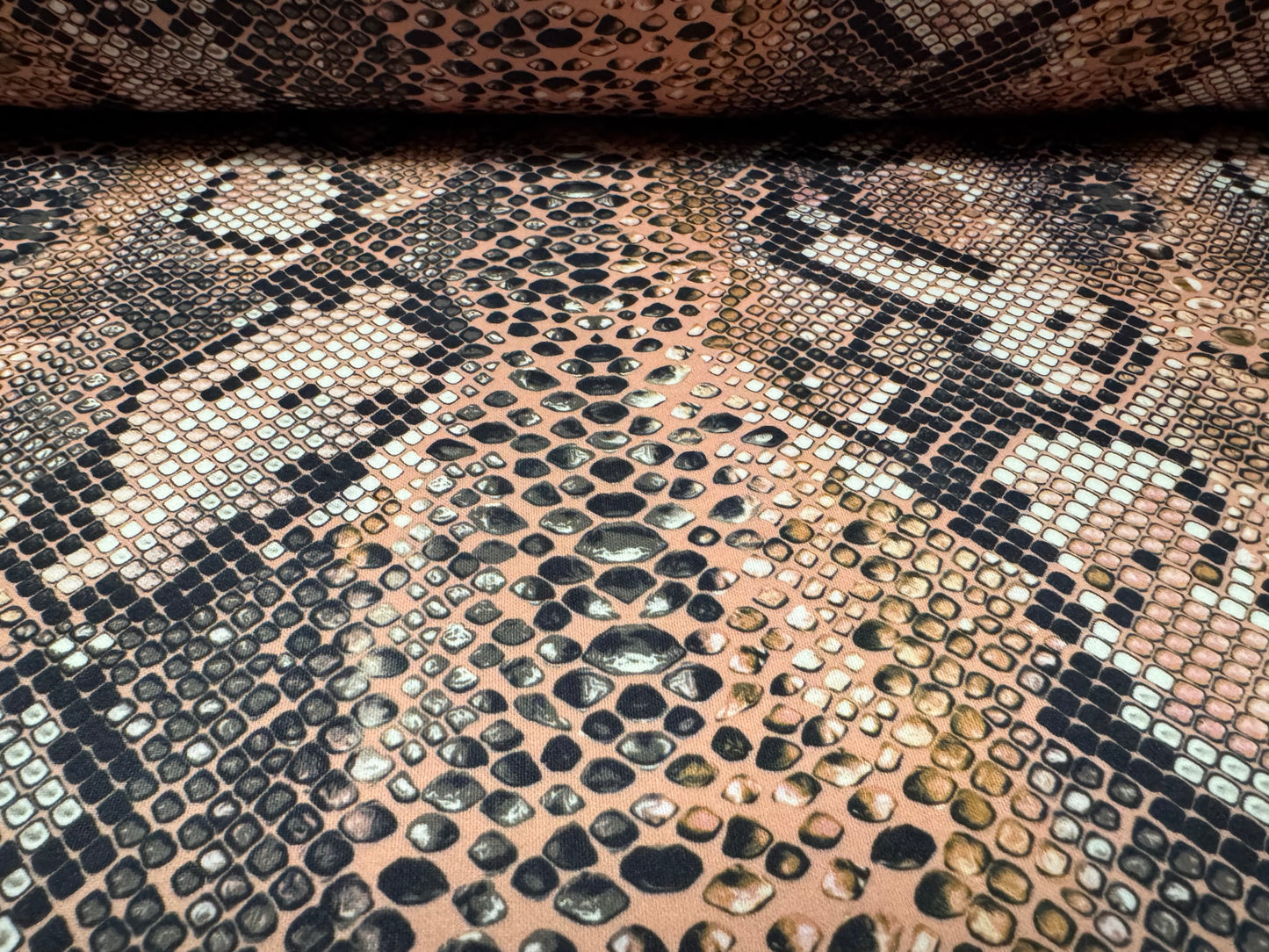 Scuba stretch spandex double jersey dress fabric, per metre - snakeskin animal print - nude & gold