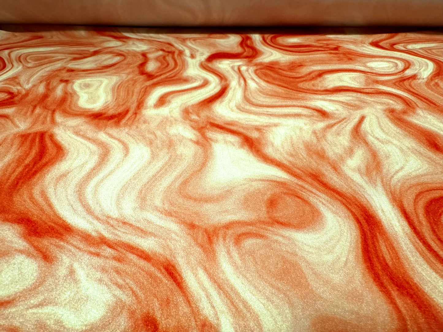 Swimwear stretch spandex jersey fabric, per metre - swirl print - burnt orange & cream