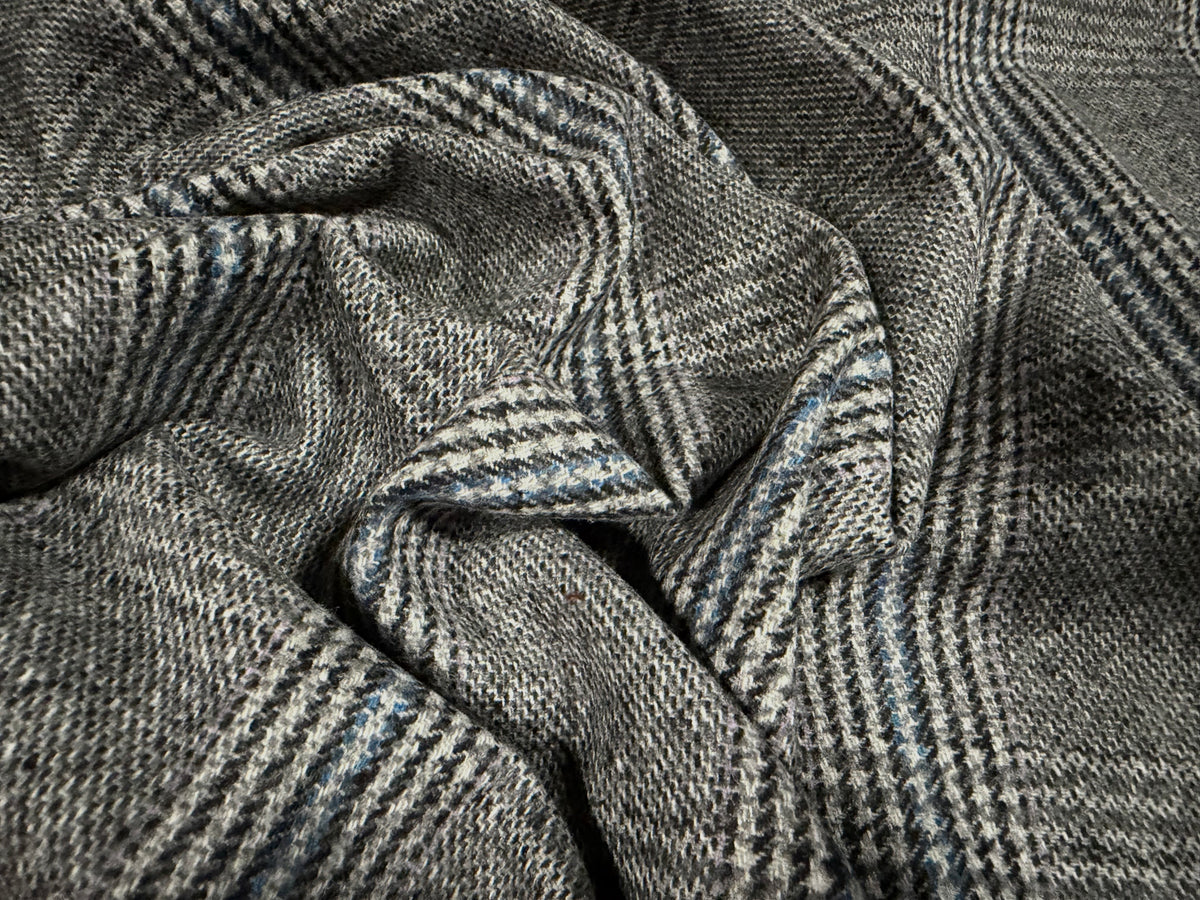 Wool flannel fabric, per metre - Prince Of Wales check - grey & blue