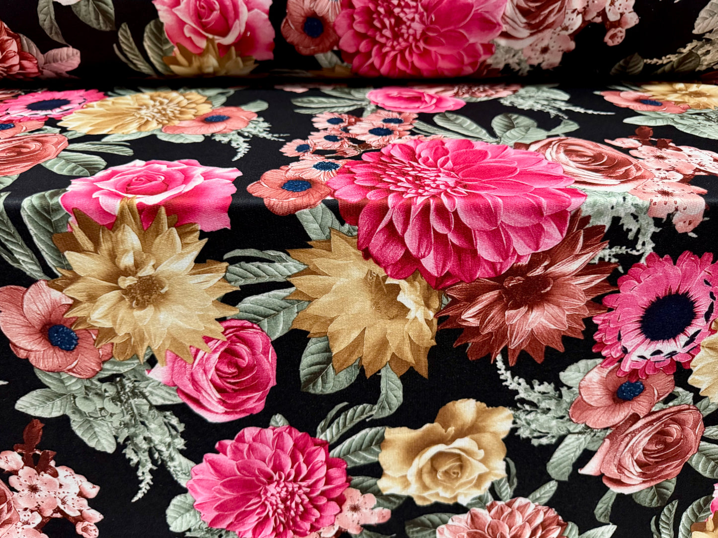 French Terry loopback sweatshirt jersey fabric, per metre - carnations floral print - black & pink