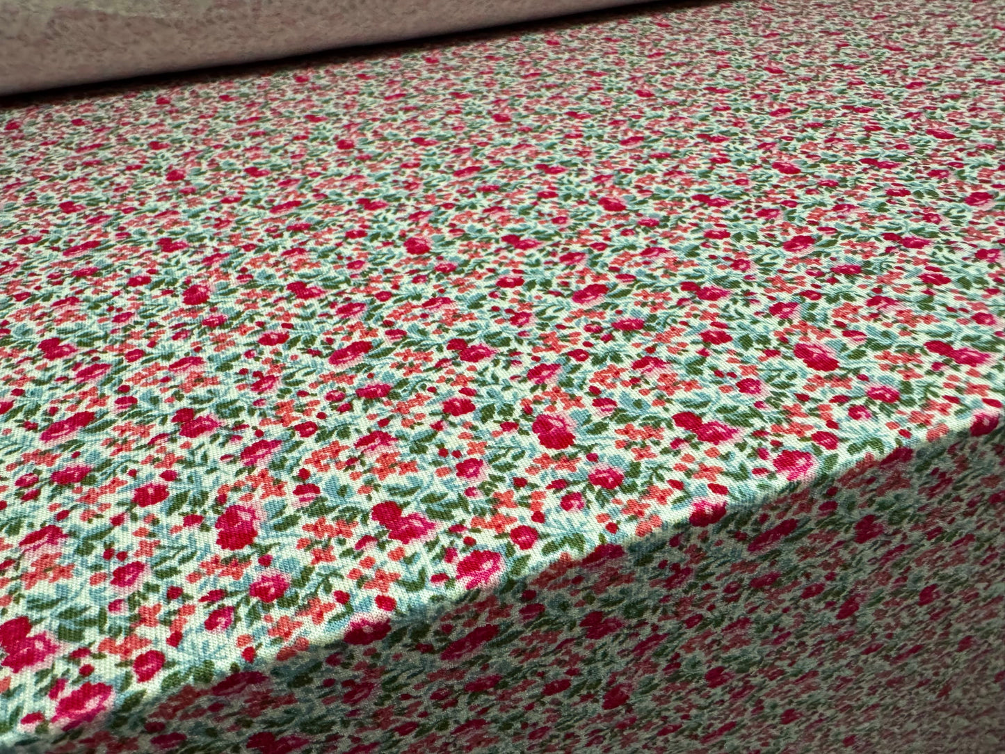 Viscose spandex stretch single jersey fabric, per metre - small flower ditsy print - cerise & green