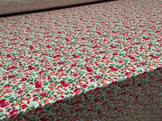 Viscose spandex stretch single jersey fabric, per metre - small flower ditsy print - cerise & green