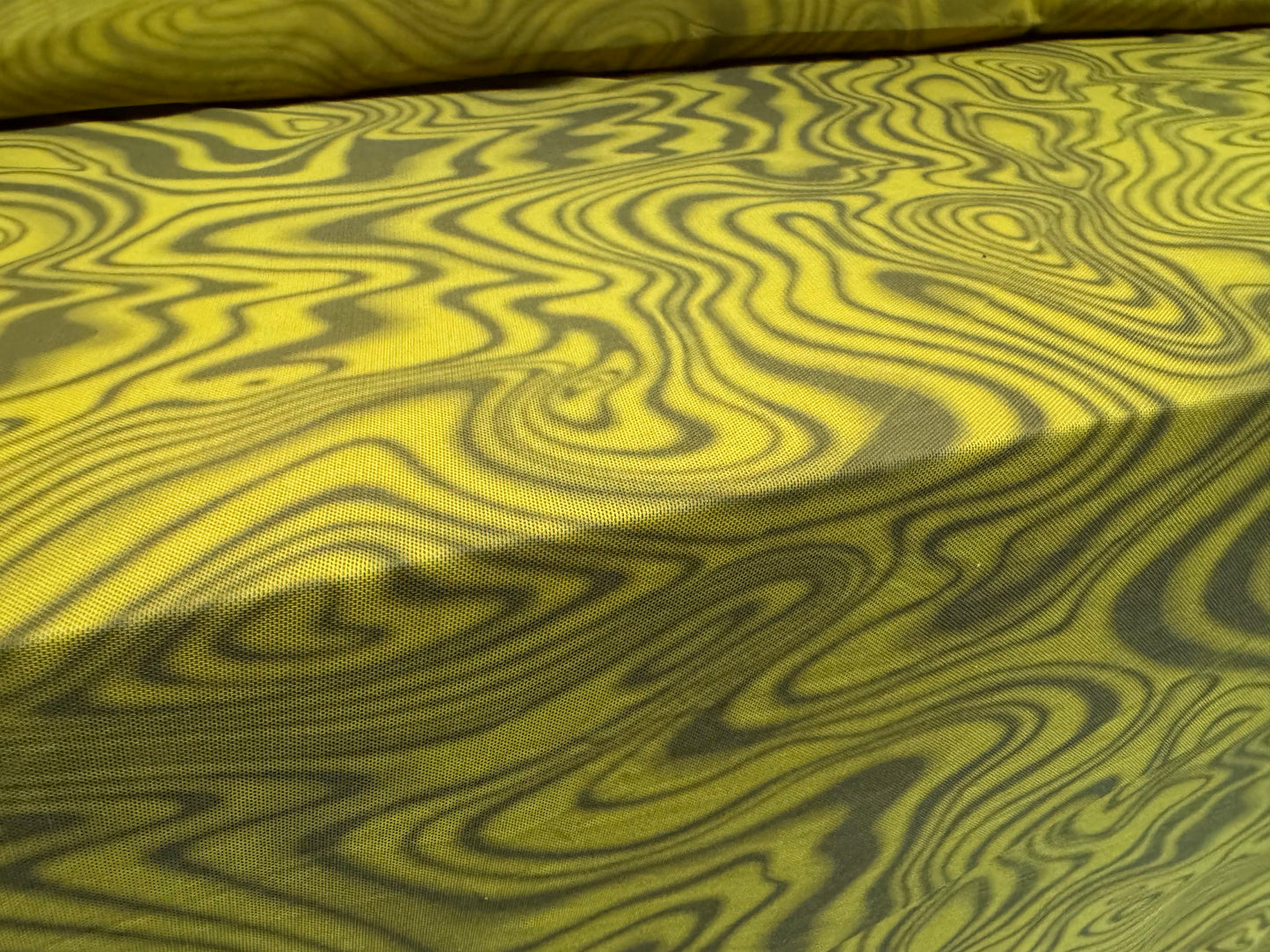Power mesh net stretch spandex fabric, per metre - swirl print - mustard