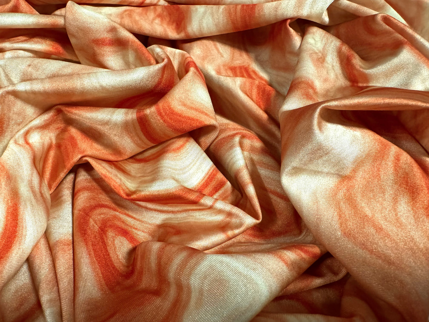Swimwear stretch spandex jersey fabric, per metre - swirl print - burnt orange & cream