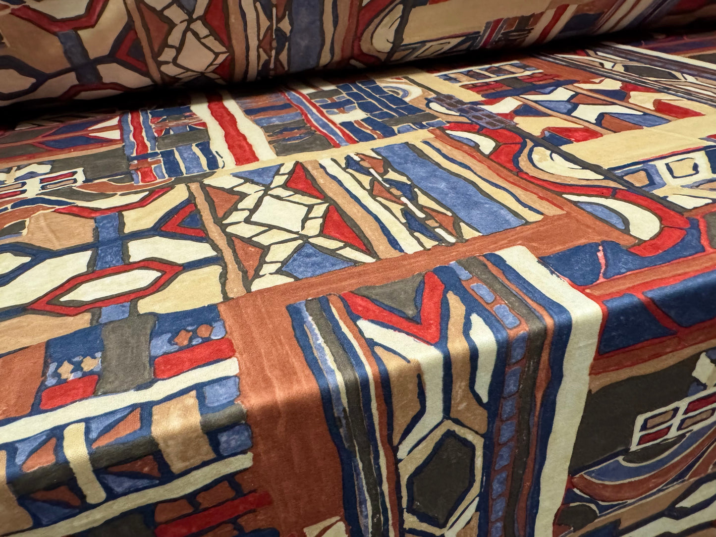 Stretch spandex scuba double jersey fabric, per metre - 80s retro shapes print - multicolour