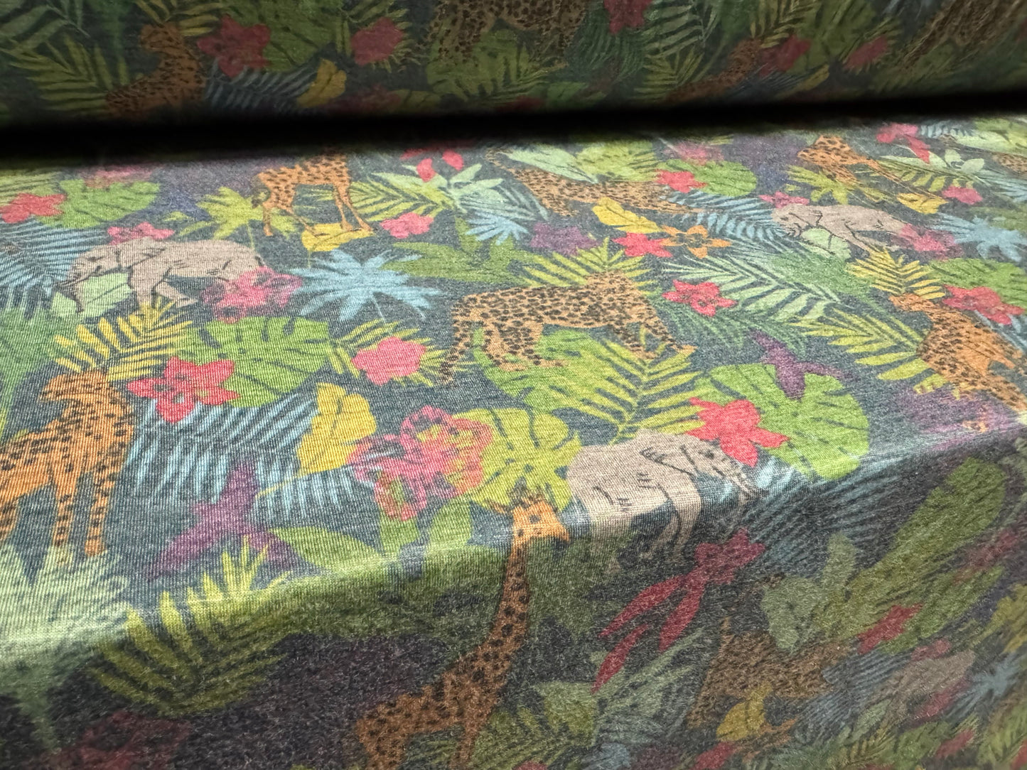 Stretch spandex melange jersey fabric, per metre - animal safari print - multicolour