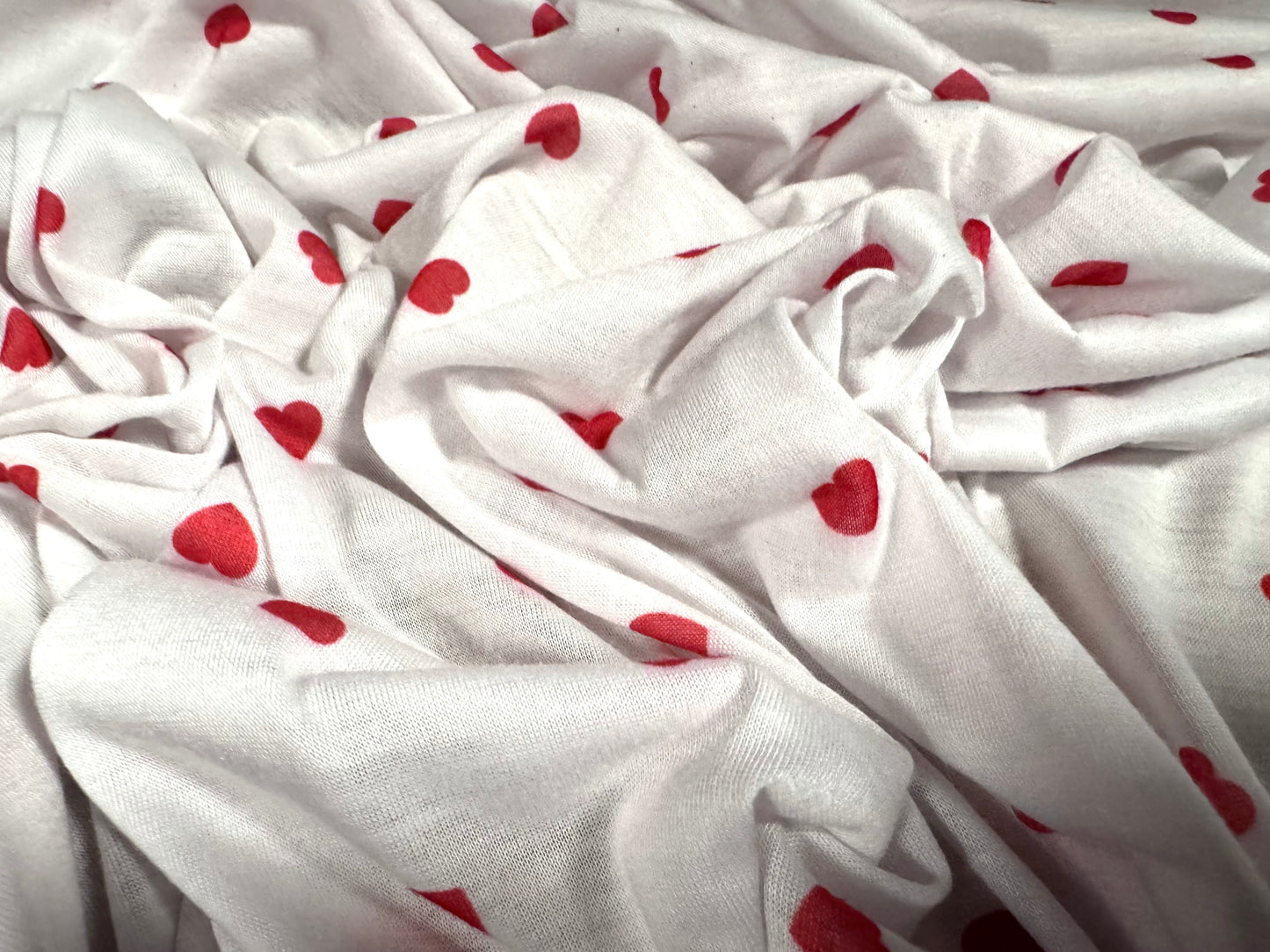 Soft handle single jersey fabric, per metre - love heart print - white & red