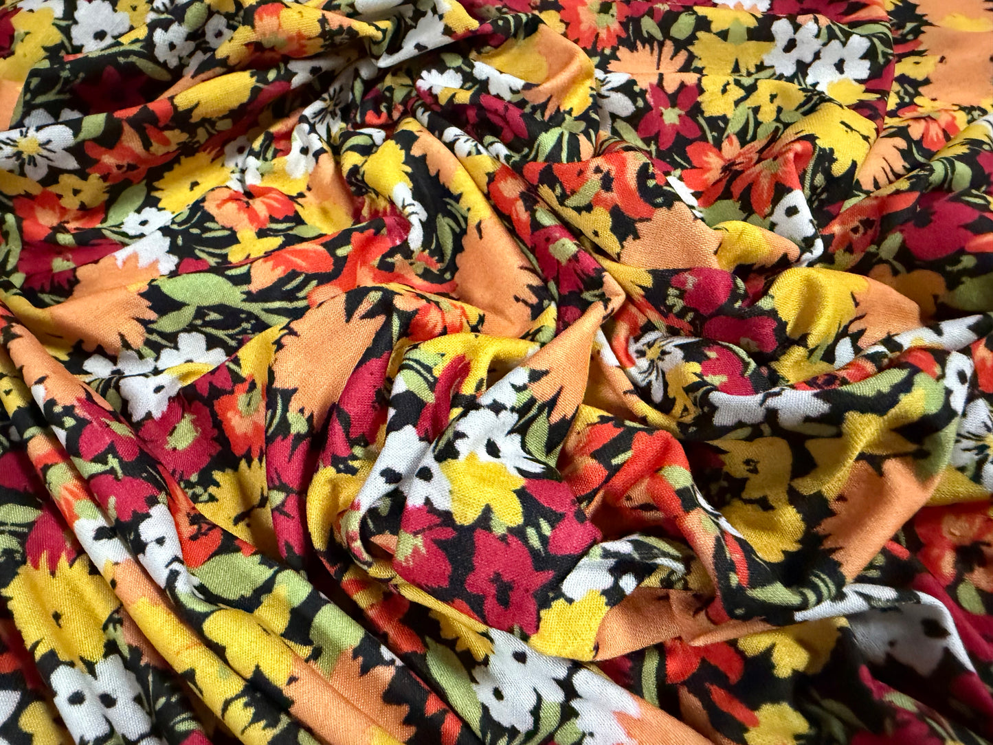 Soft handle stretch single jersey fashion fabric, per metre - Marigold print - orange yellow & red