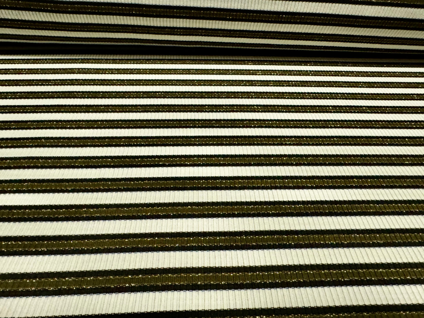 Metallic stretch spandex rib bodycon jersey fabric, per metre - stripe - khaki with gold lurex