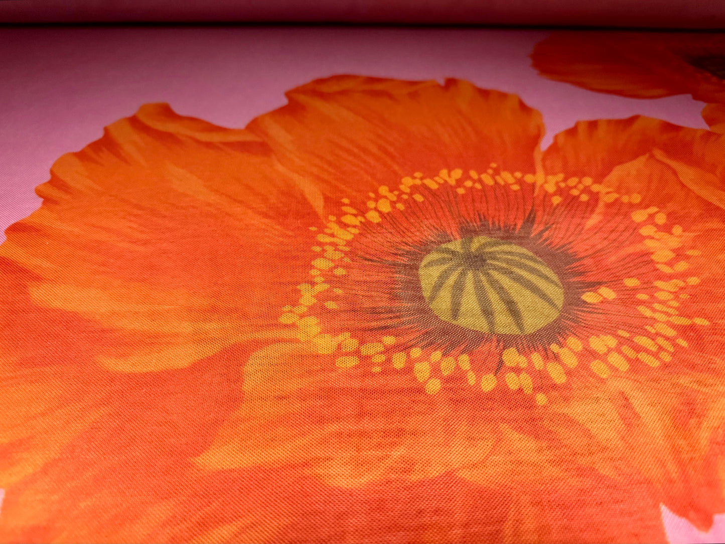 Power mesh net stretch spandex fabric, per metre - jumbo flower print - pink & orange
