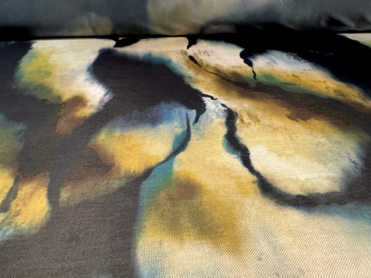 Power mesh net stretch spandex fabric, per metre - abstract print - black mustard & teal
