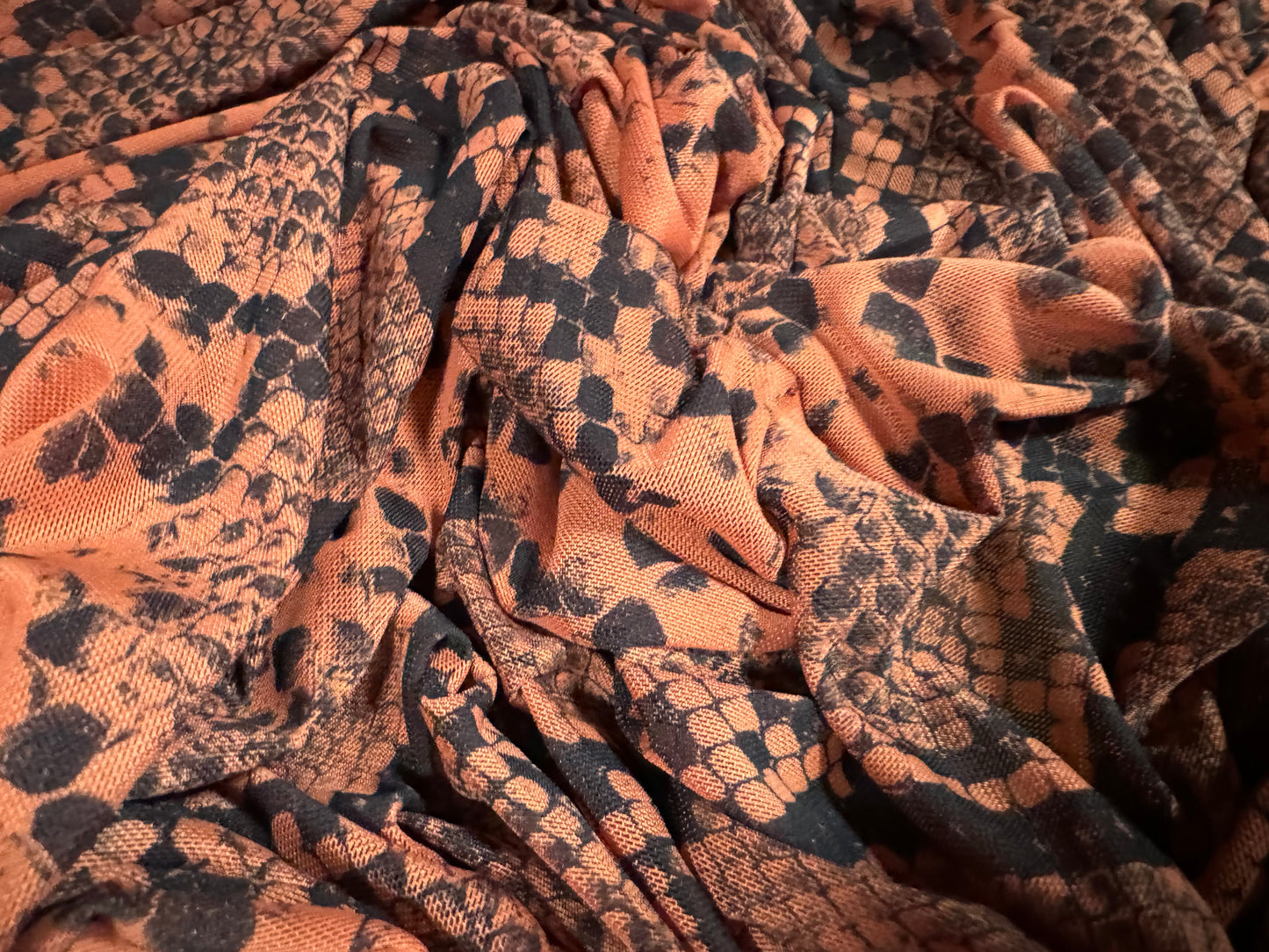 Power mesh net stretch spandex fabric, per metre - snakeskin animal print - terracotta