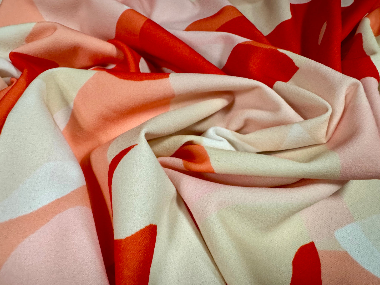 Scuba crepe stretch spandex double jersey fabric, per metre - stylised poppy print - red cream & pink