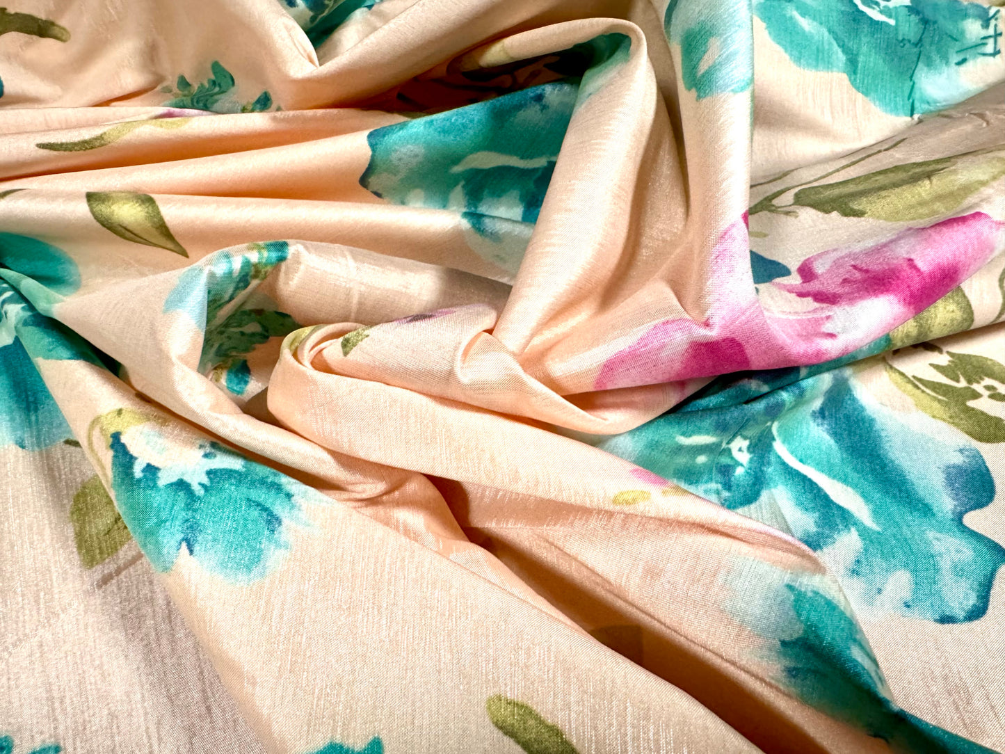 Stretch taffeta faux silk fabric - floral print - pink & turquoise