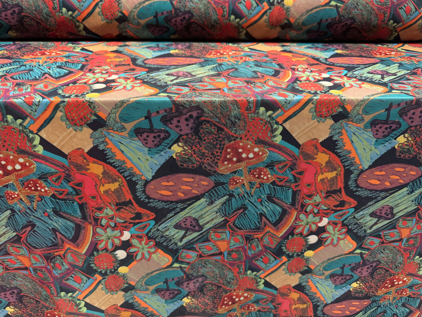 Power mesh net stretch spandex fabric, per metre - magic mushrooms print - orange & jade