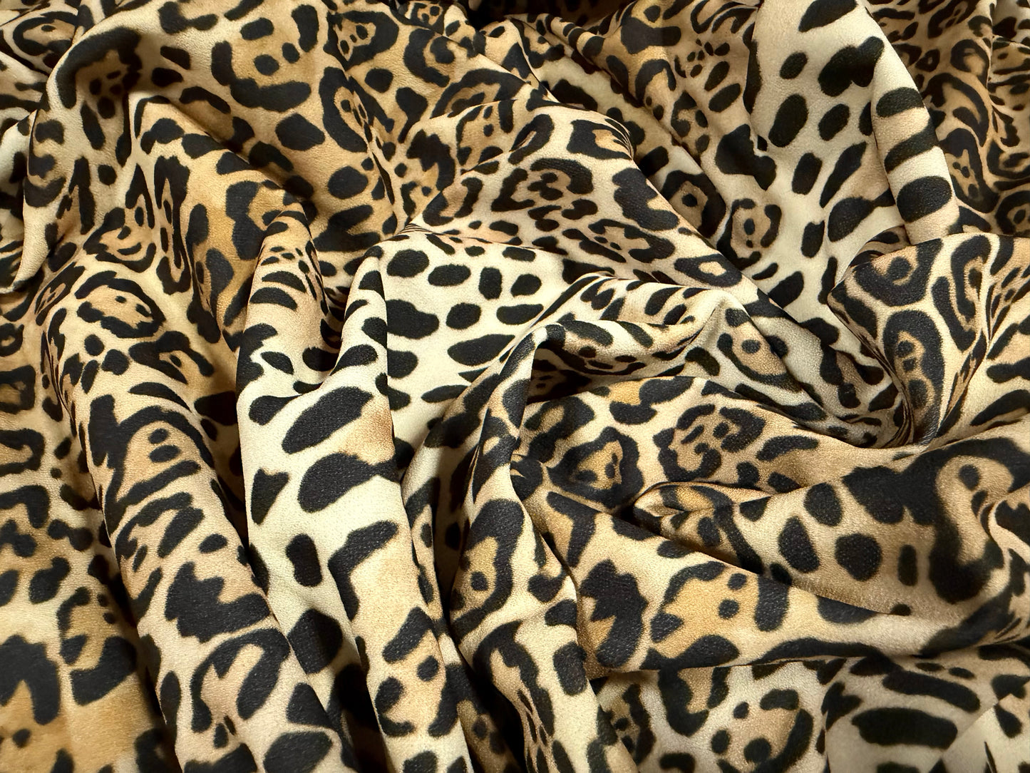 Scuba crepe fabric stretch spandex jersey, per metre - ocelot animal print - cream & beige