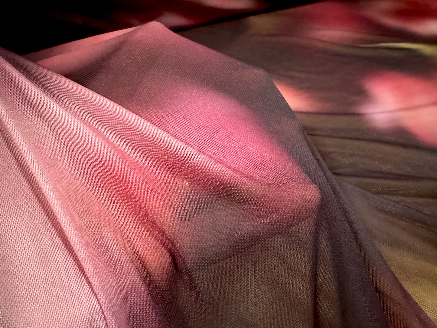 Power mesh net stretch spandex fabric, per metre - soft focus floral print - plum & pink