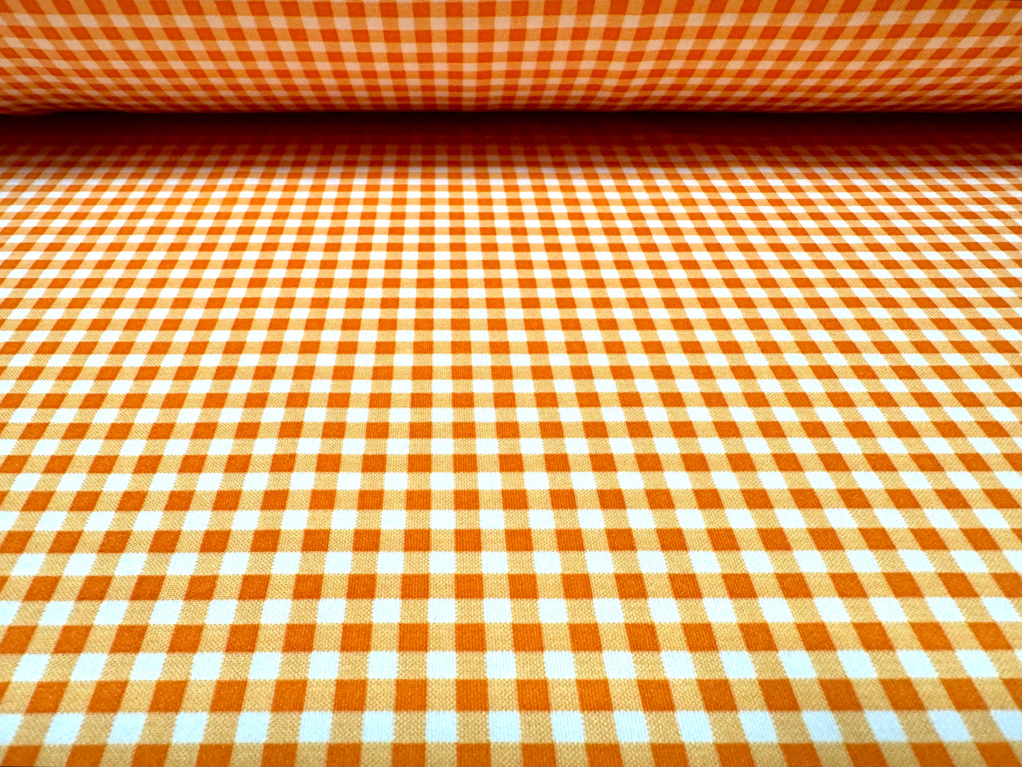 Scuba stretch spandex double jersey dress fabric, per metre - gingham check print - orange & white