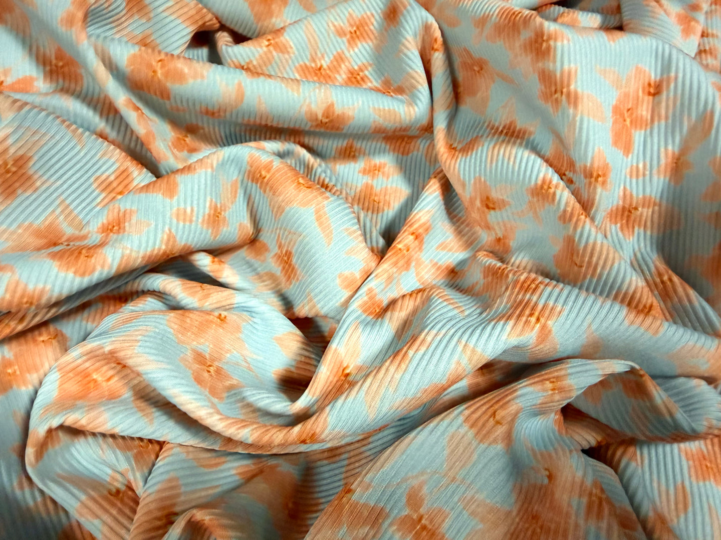 Stretch spandex ribbed jersey fabric, per metre - floral print - sky blue & peach