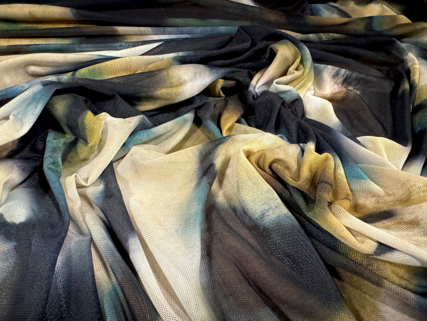 Power mesh net stretch spandex fabric, per metre - abstract print - black mustard & teal