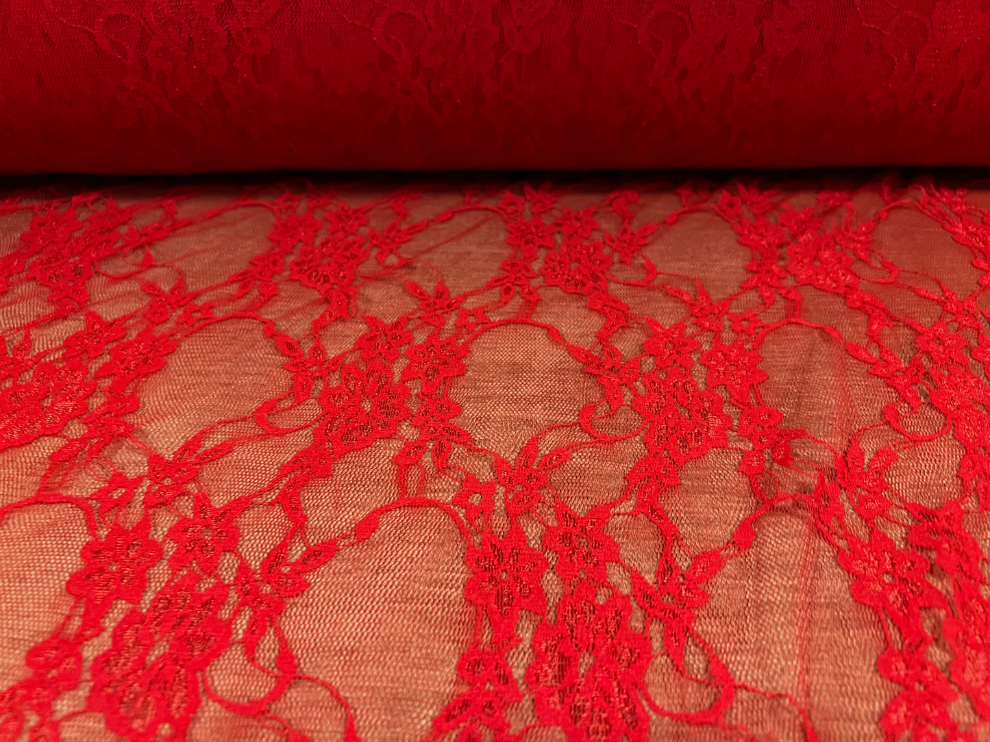 Stretch spandex lace mesh net fabric, per metre - floral pattern - red