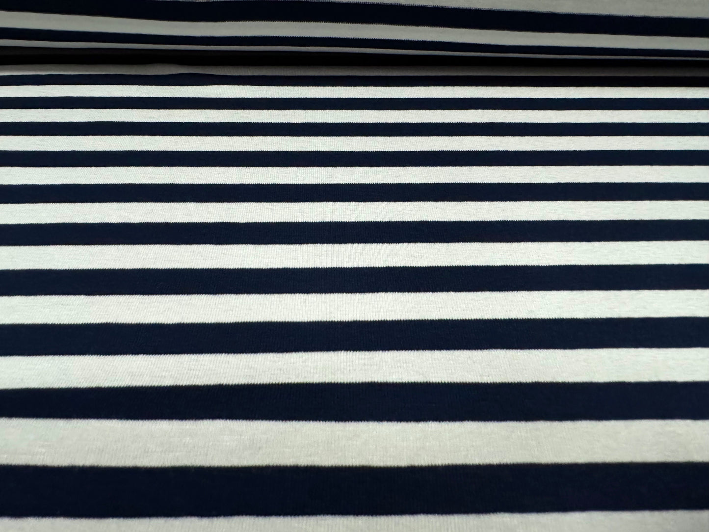 Viscose spandex stretch single jersey fabric, per metre - stripe - dark navy & white