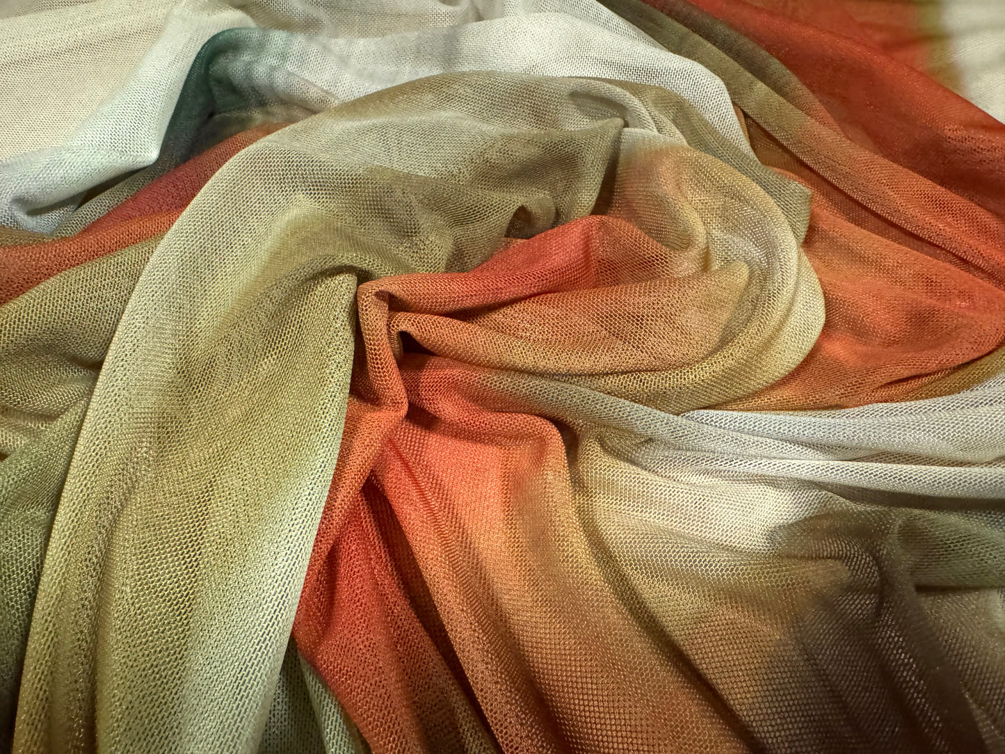 Power mesh net stretch spandex fabric, per metre - abstract print - green & orange