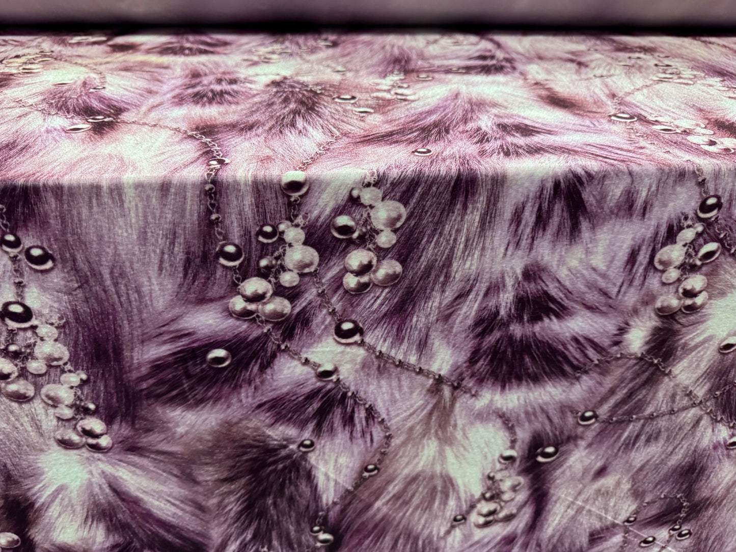 Spandex velvet stretch dress fabric, per metre - pearls on fur print - purple