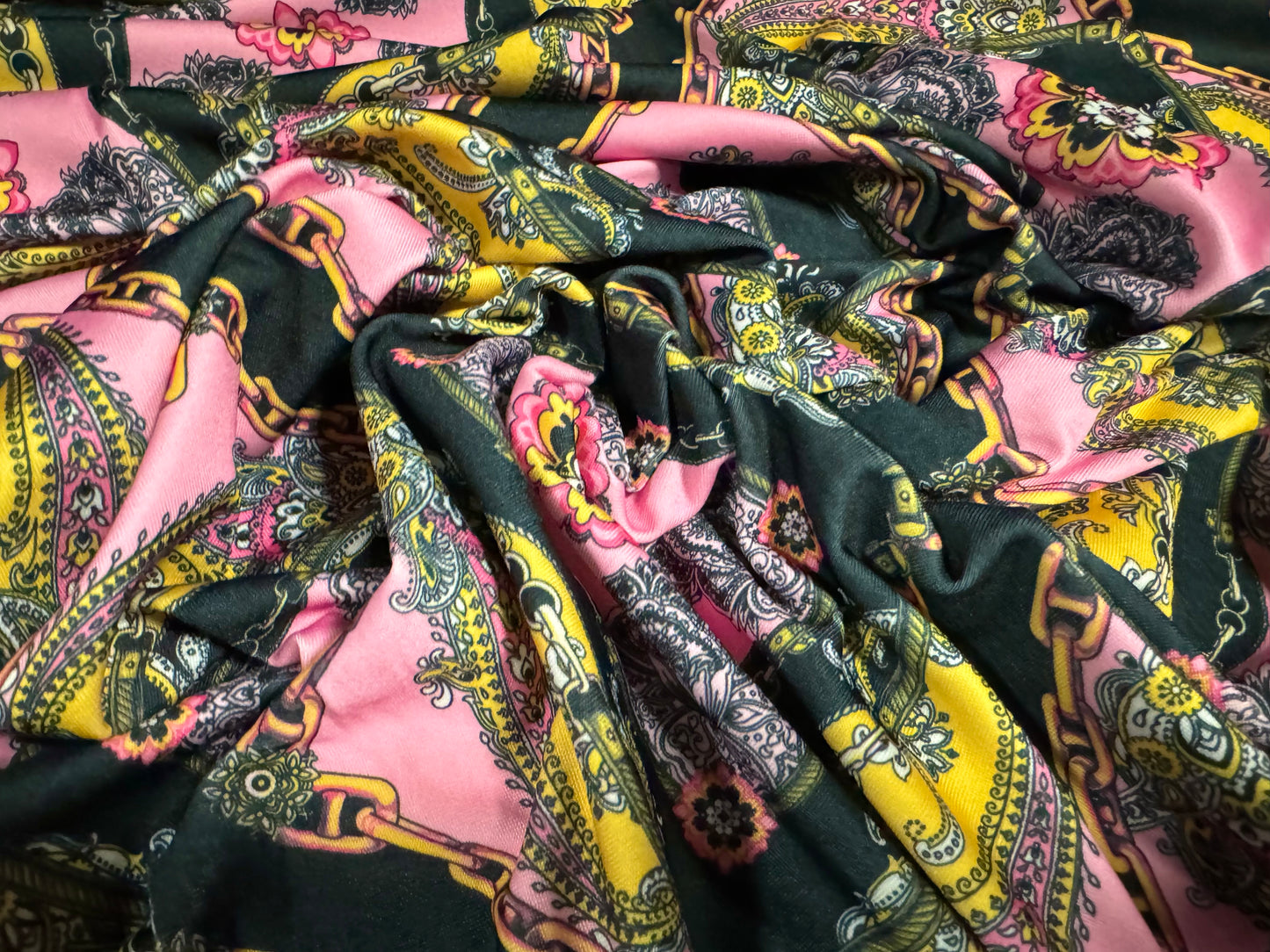 Stretch spandex single jersey fabric, per metre - designer paisley & chains print - pink black & gold