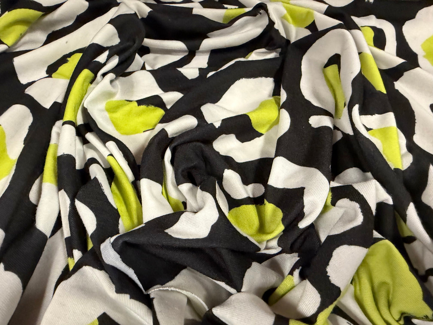 Soft handle stretch single jersey fashion fabric, per metre - animal print - black & lime