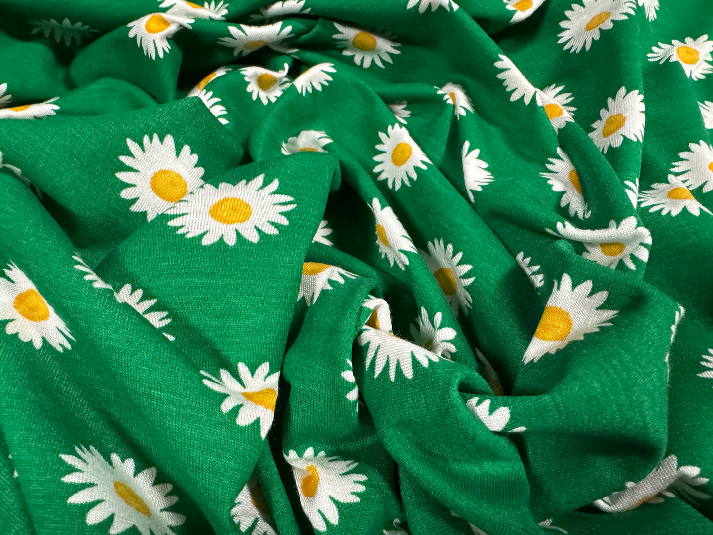 Viscose spandex stretch jersey fabric, per metre - daisy flower print - green