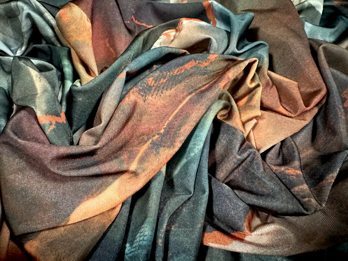 Stretch spandex single jersey fabric, per metre - Quartz print - orange & teal