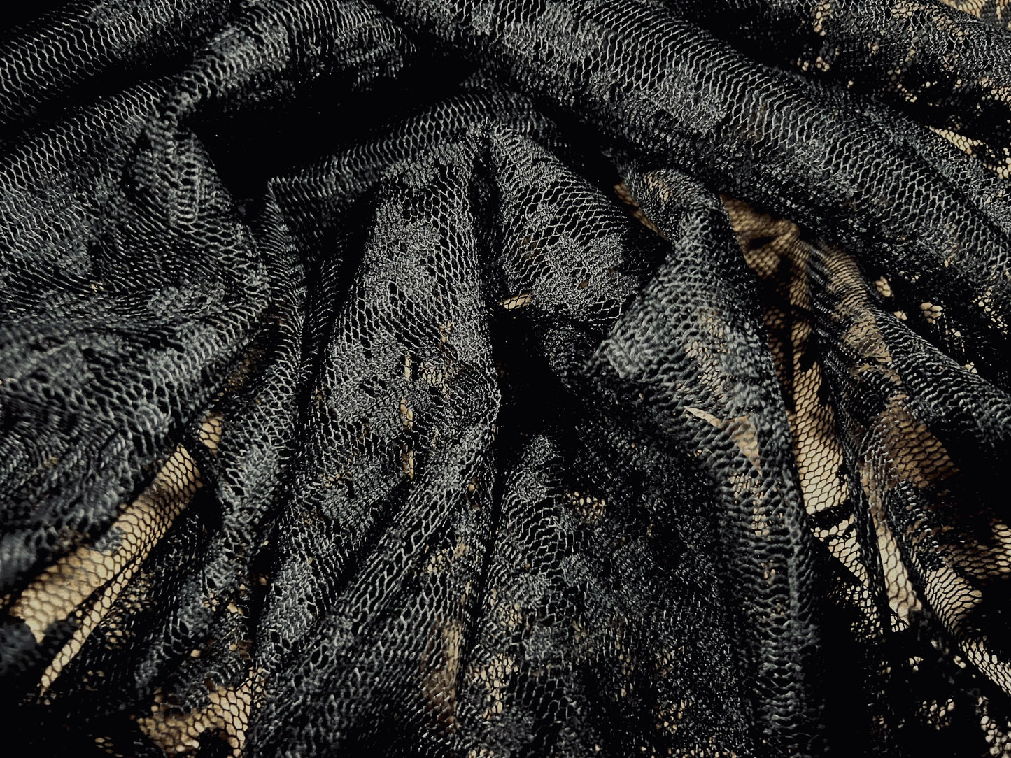 Lace mesh net fabric, per metre - flowers & leaves - black