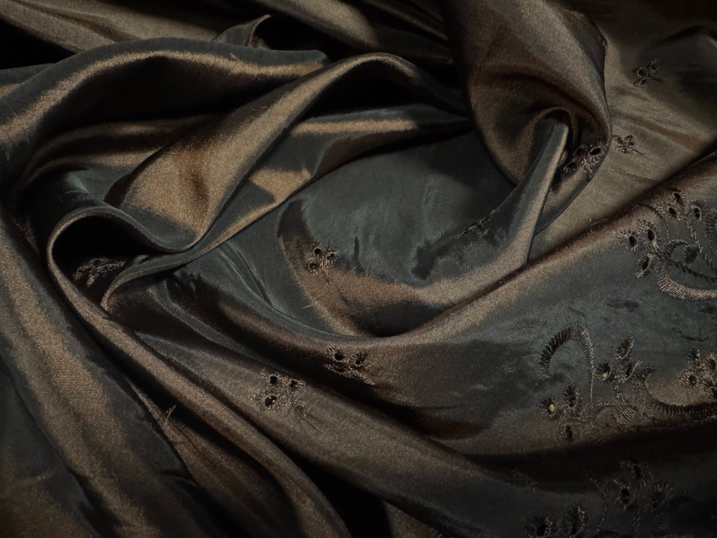 Taffeta faux silk fabric - floral embroidered border - dark brown