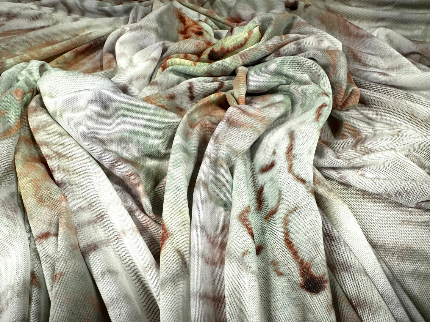 Power mesh net stretch spandex fabric, per metre - snakeskin & tiger illusion print - pastel green & ivory