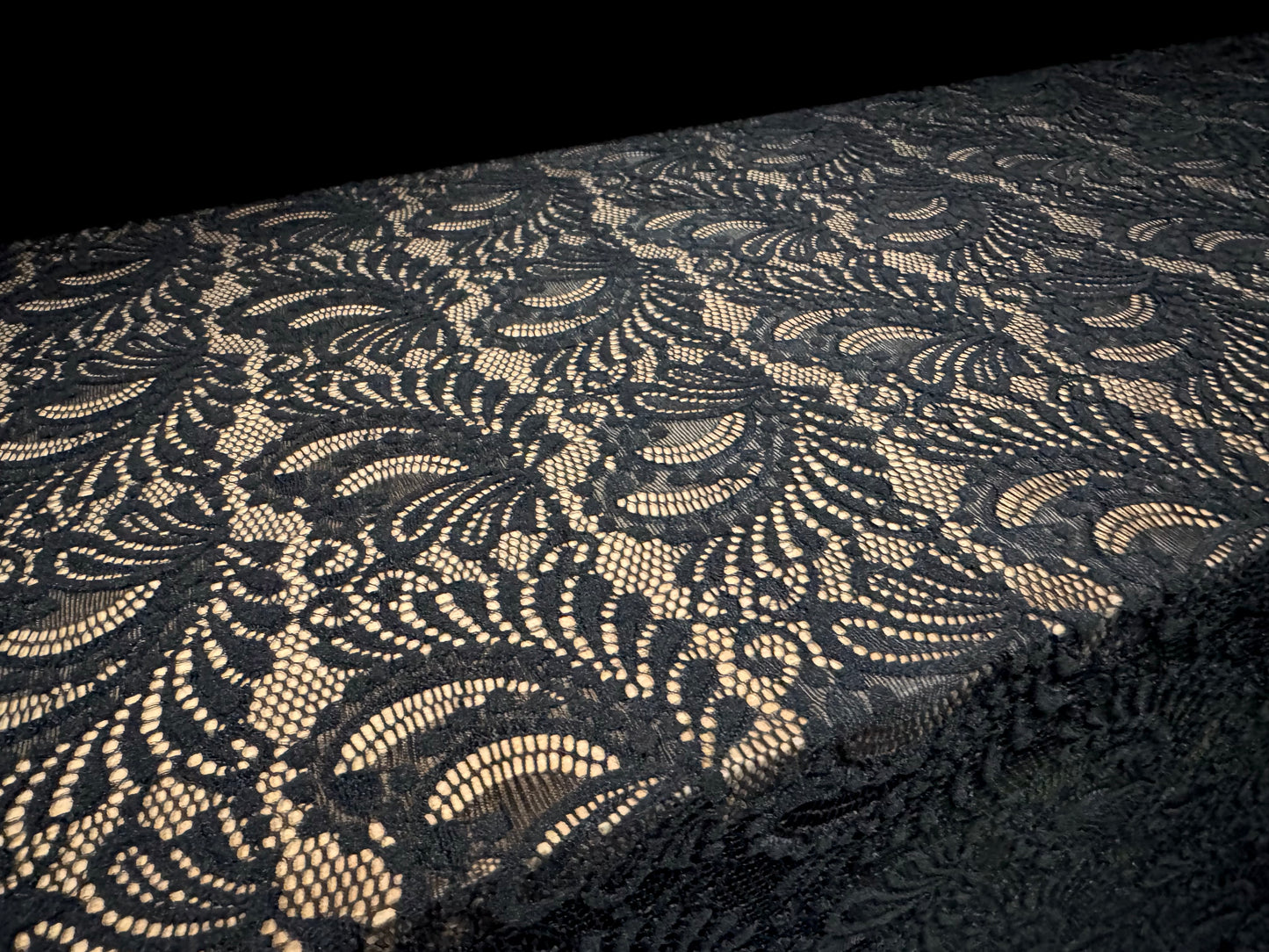 Stretch spandex lace dress fabric with scalloped selvedge, per metre - paisley - black