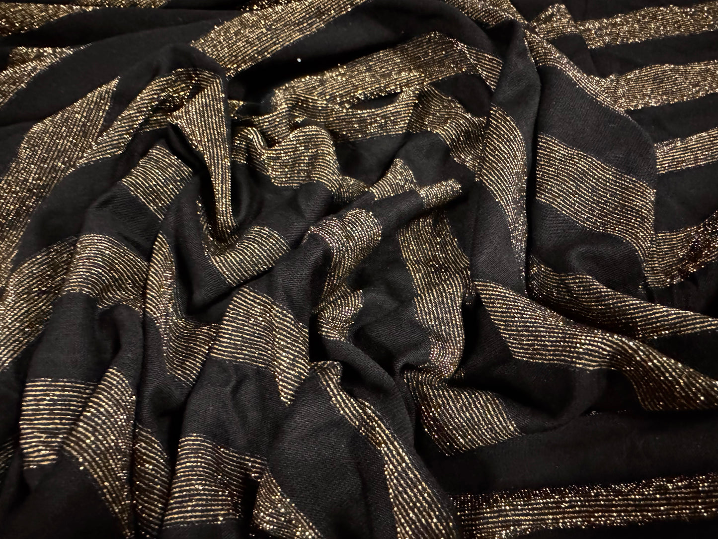 Metallic single jersey fashion fabric, per metre - lurex stripe - black & old gold