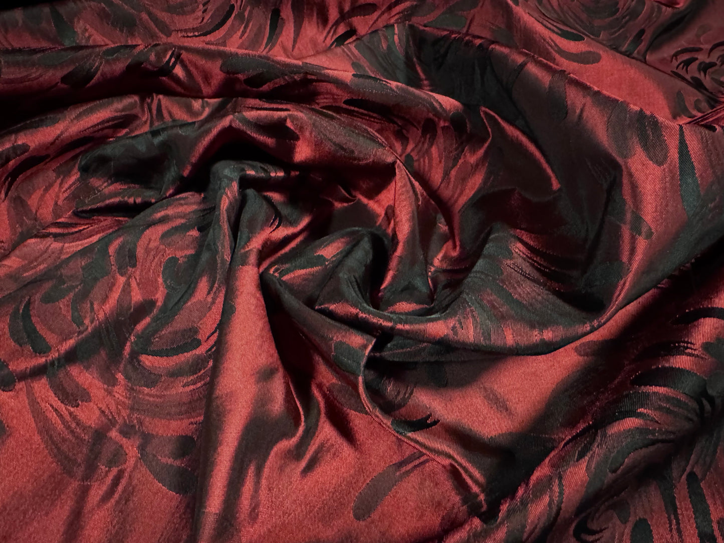 Taffeta faux silk fabric, per metre - stylised flower jacquard - wine