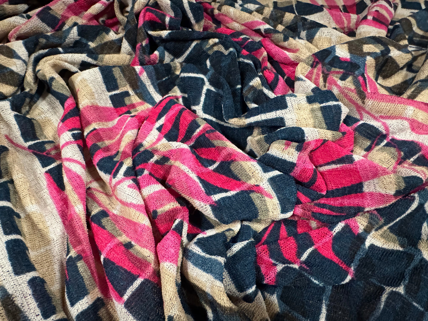 Stretch crepe knitwear jersey fabric, per metre - leaf print - navy cerise & beige