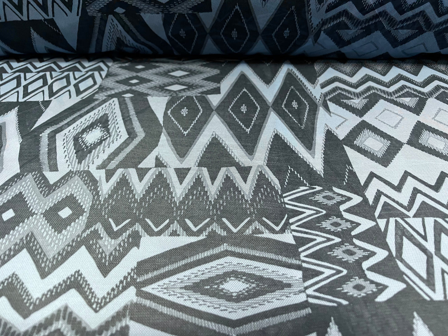 Power mesh net stretch spandex fabric, per metre - Aztec patchwork print - powder blue