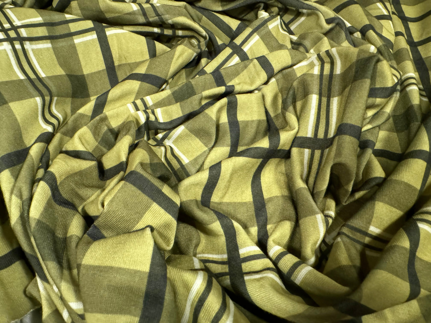 Soft handle stretch single jersey fashion fabric, per metre - tartan check print - khaki & sage green