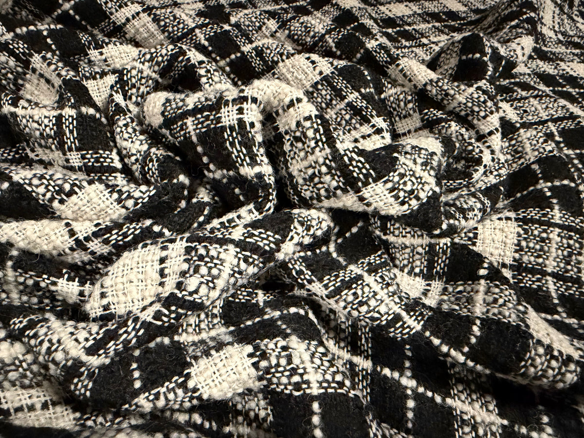 Heavyweight wool bouclé fabric, per metre - check - black & ivory