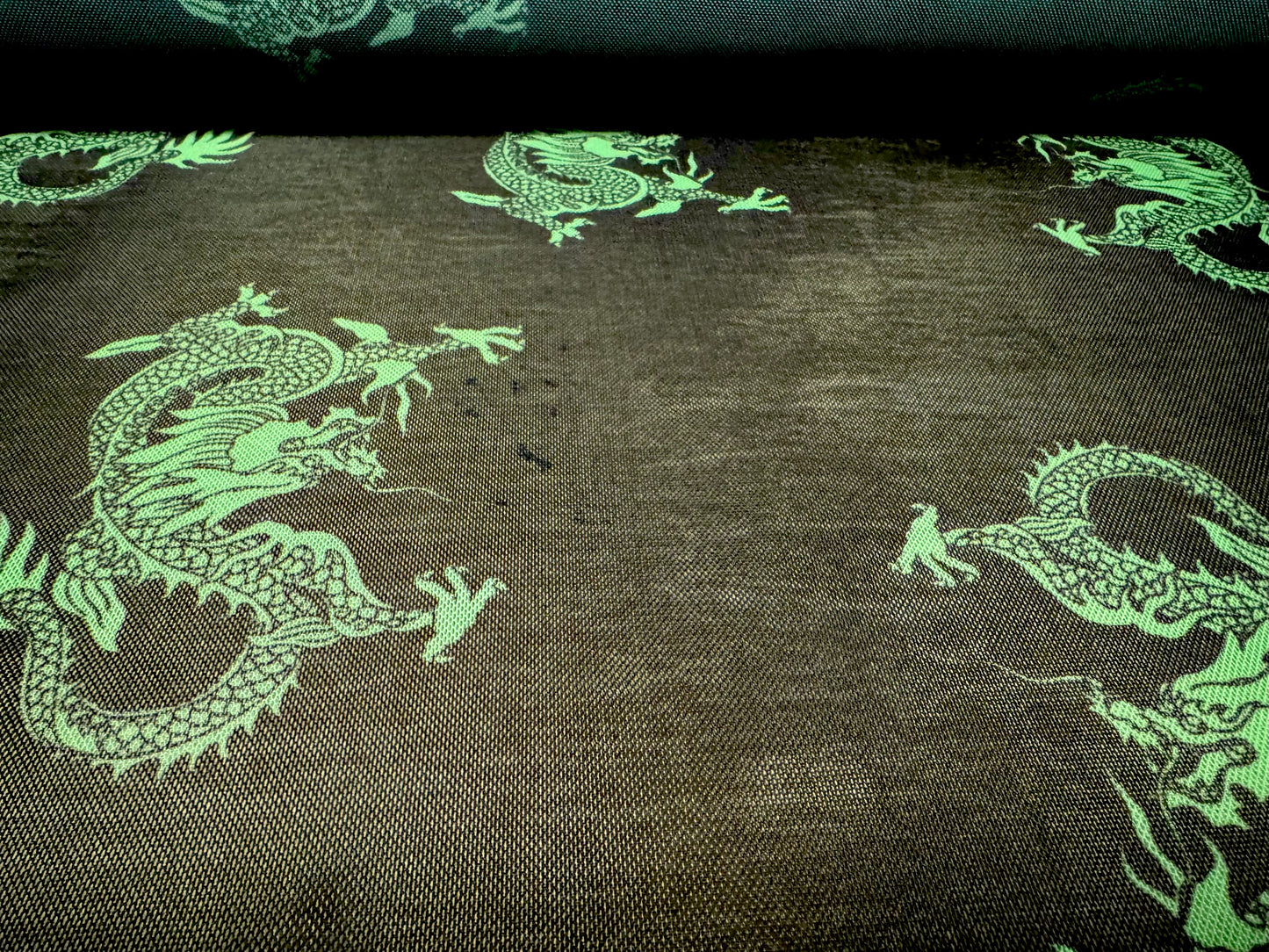 Power mesh net stretch spandex fabric, per metre - Oriental dragon print - black & green