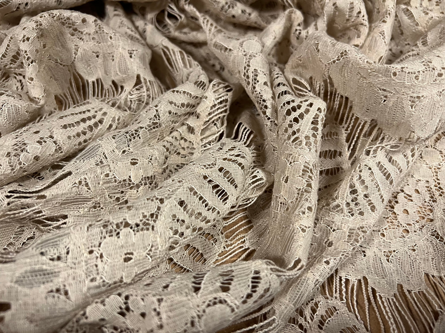 Corded lace dress fabric with scalloped frill, per metre - stone