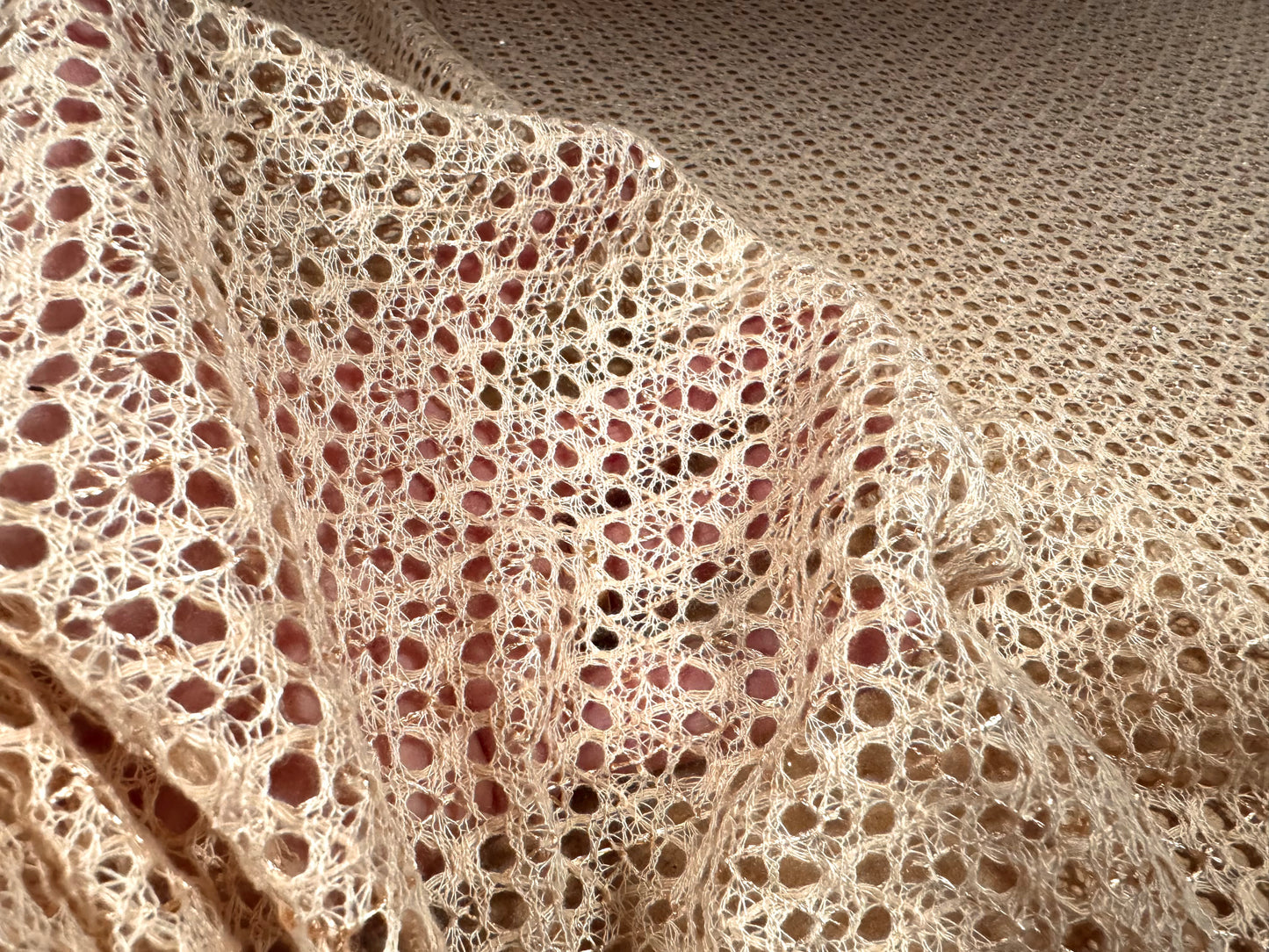 Crochet knit lace dress fabric with sequins, per metre - nude