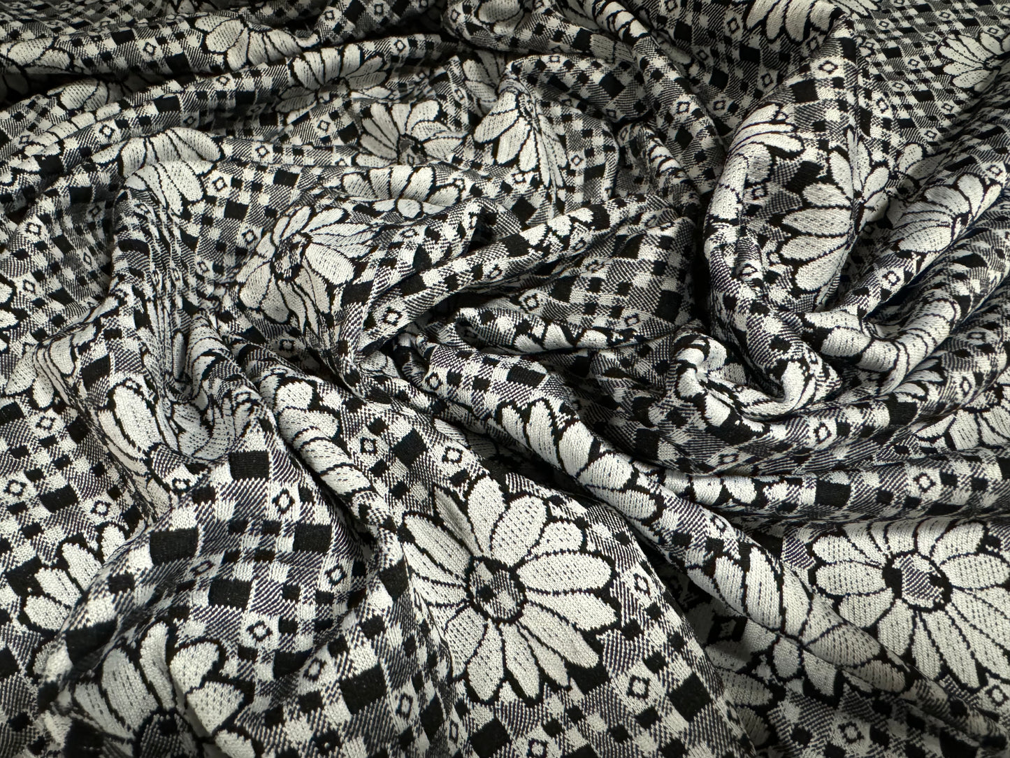 Stretch spandex double jersey fabric, per metre - daisy check jacquard - monochrome